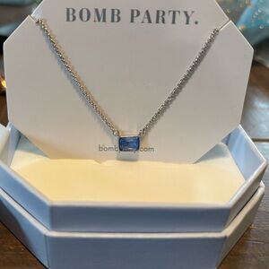 Bomb Party Silver Necklace with Blue Rectangular Gem